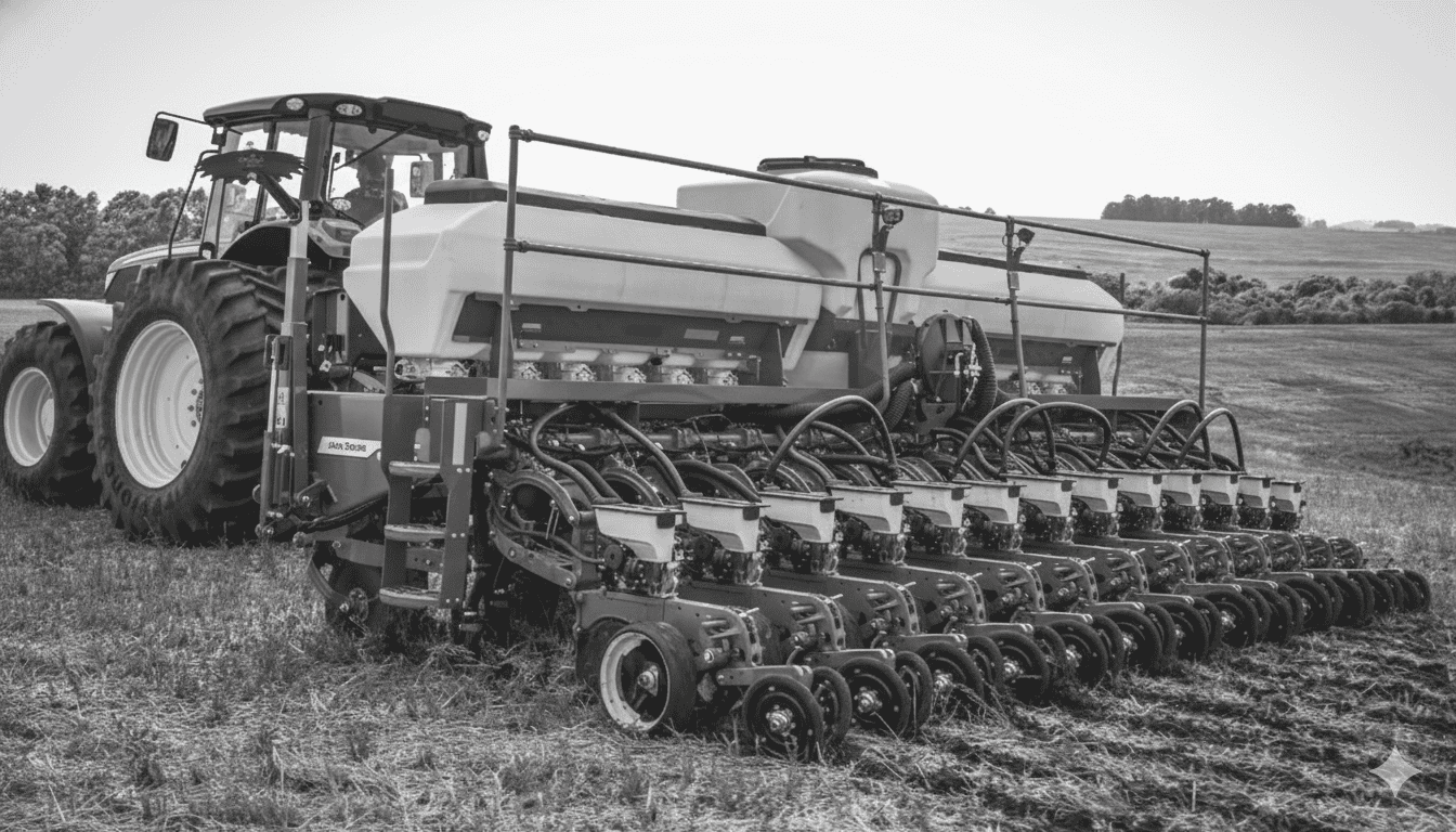 Plantadeira nas cores verde e amarela em operação